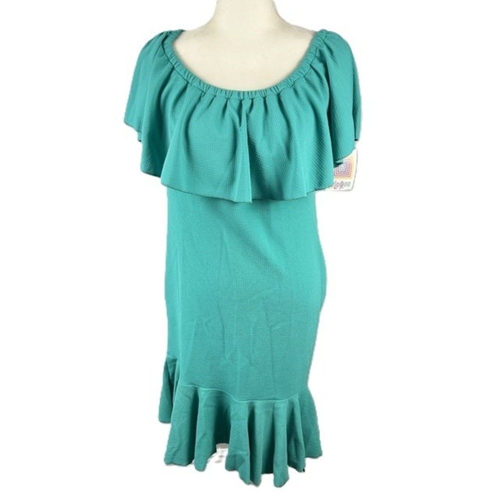 LuLaRoe Cici Flounce Dress Large On/Off Shoulder Ruffle Mermaid Hem Raised Knit